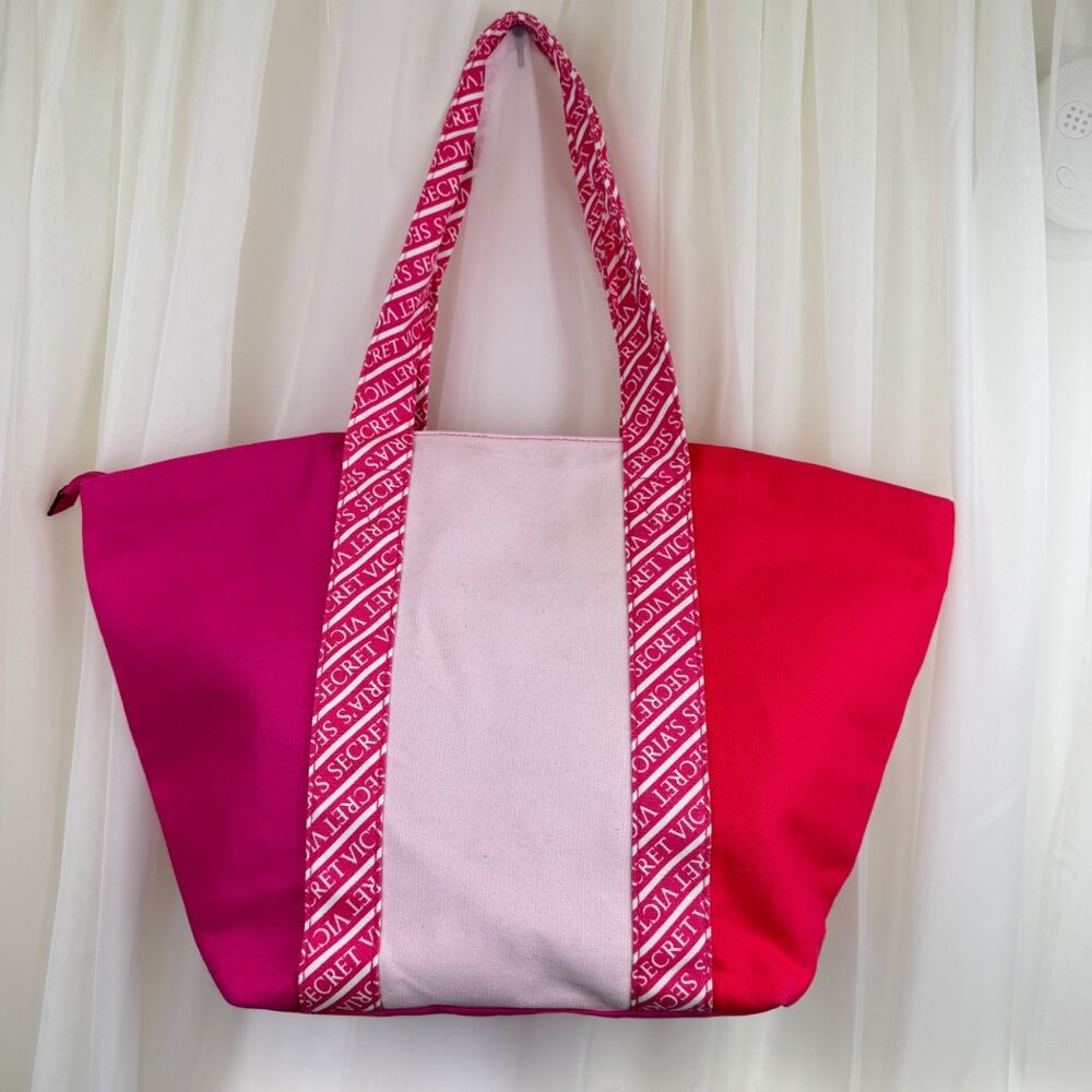 Victoria's Secret Pink Colorblock Canvas Logo Tote Weekender Bag Travel Overnigh - Picture 3 of 13
